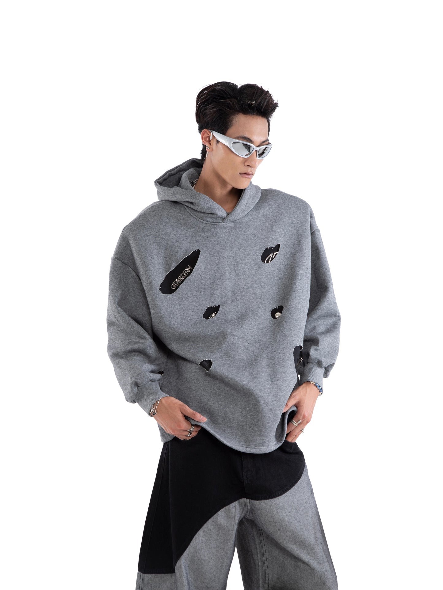 Asymmetrical Rivet Damage Zipper Hoodie WN20650