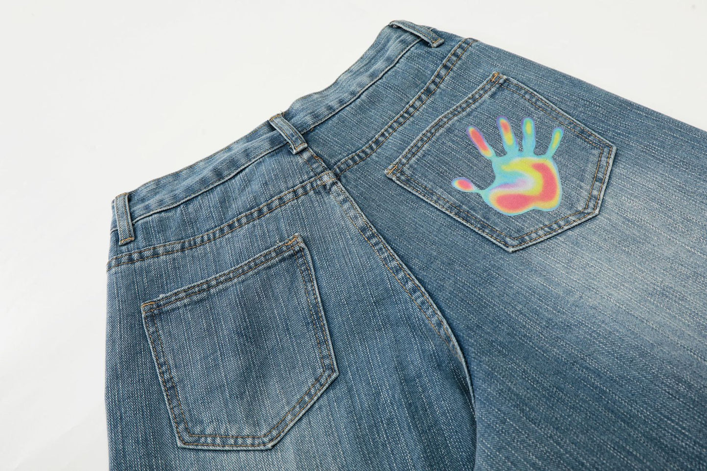 Star Heart Print Curved Wide Leg Denim Jeans WN25731