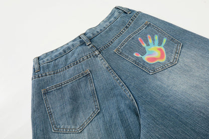 Star Heart Print Curved Wide Leg Denim Jeans WN25731