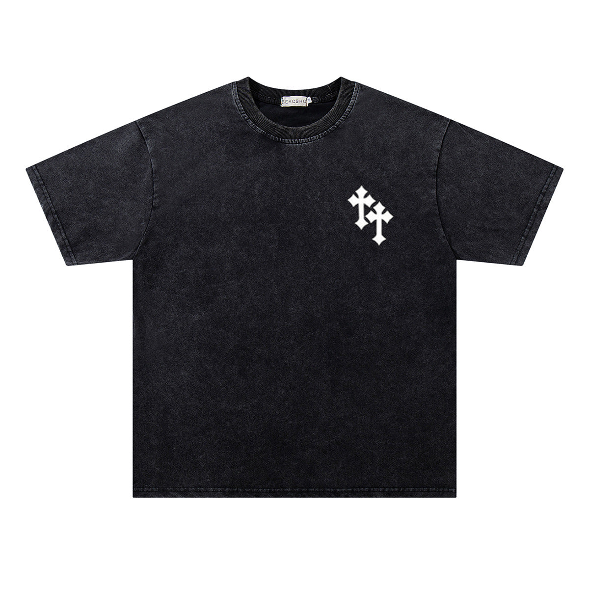 Washed Damage Double Cross Print Short Sleeve T-Shirt WN26817