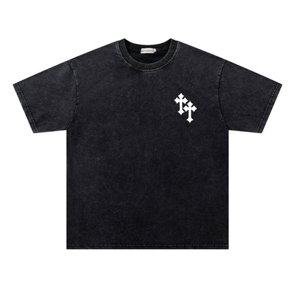Washed Damage Double Cross Print Short Sleeve T-Shirt WN26817
