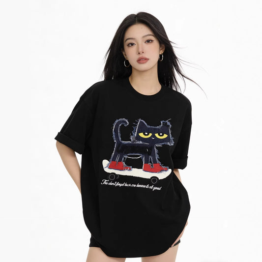 Cat Applique Embroidery Short Sleeve T-Shirt WN25665