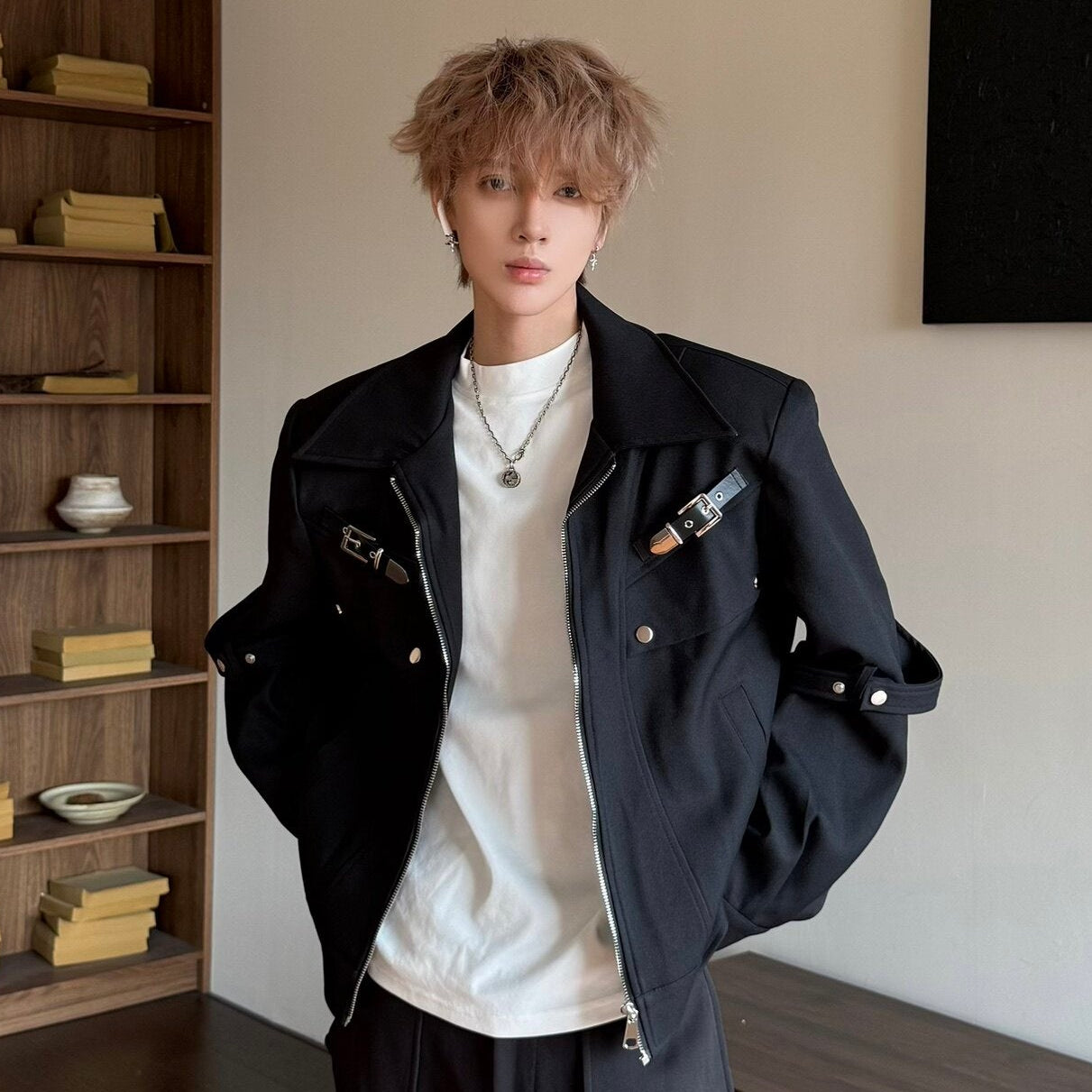 Structured Shoulder Metal Buckle Zip-Up Jacket WN23196