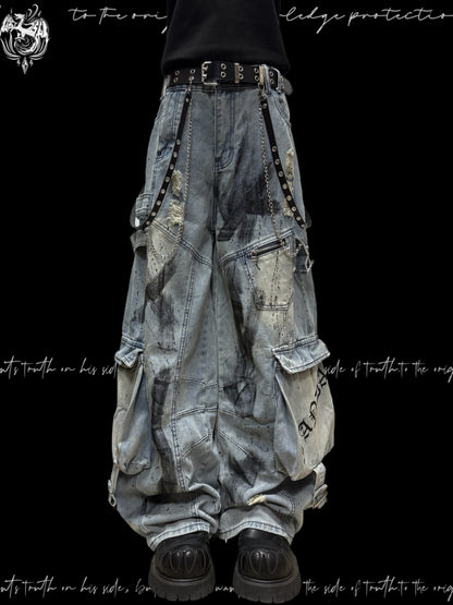 Paint Splash Damage Cargo Wide Leg Denim Jeans & Skull Belt & Belt Chain WN23817