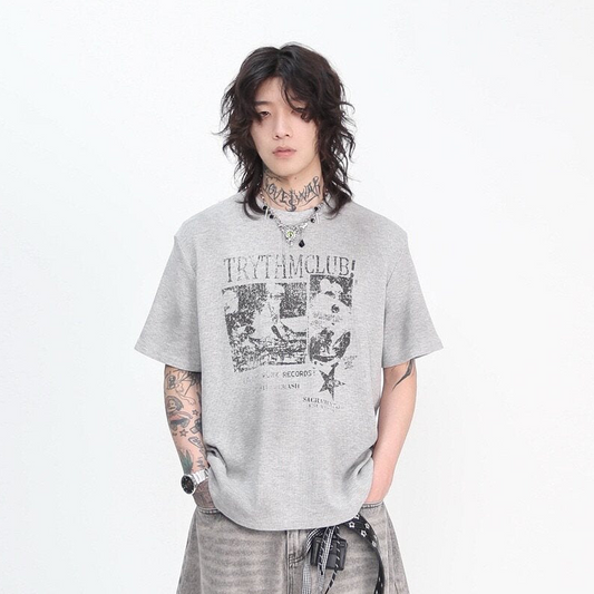 Oversize Waffle Vintage Rock Graphic Print Short SleeveT-Shirt WN24447