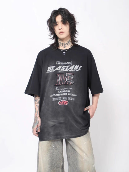 Washed Letter Print Oversize Short Sleeve T-Shirt WN24481