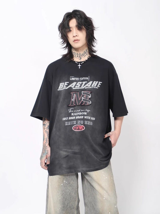 Washed Letter Print Oversize Short Sleeve T-Shirt WN24481