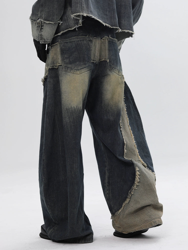 Deconstructed Patchwork Curved Blade Design Wide Leg Denim Jeans WN18660