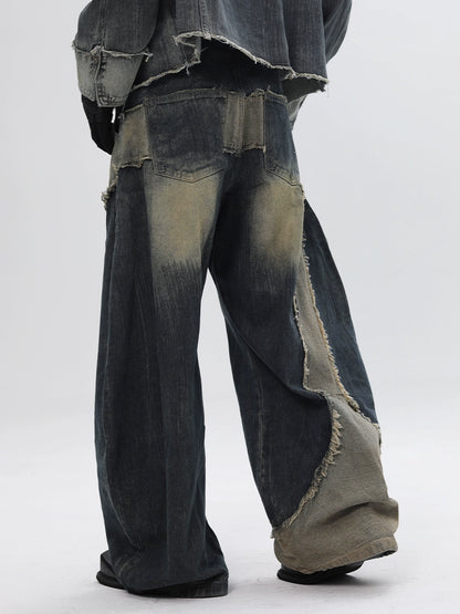 Deconstructed Patchwork Curved Blade Design Wide Leg Denim Jeans WN18660