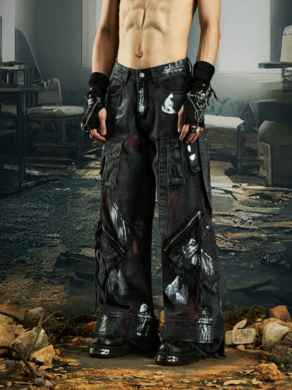 Multi-Pocket Ribbon Deconstruction Graffiti Wide Leg Cargo Denim Jeans WN20553