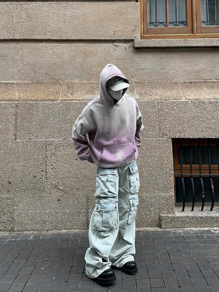 Gradient Tie-Dye Damage Oversize Pullover Hoodie WN24380