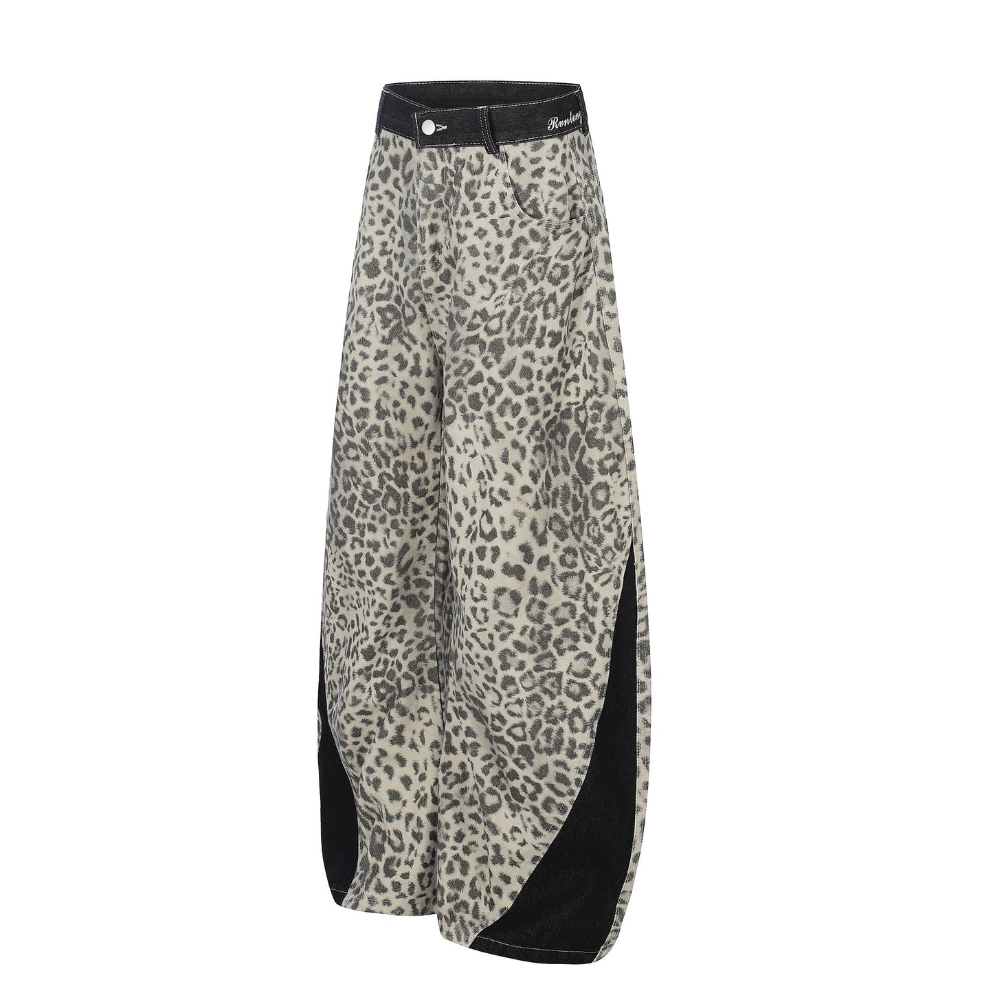 Leopard Print Curved Wide Leg Denim Jeans WN25679