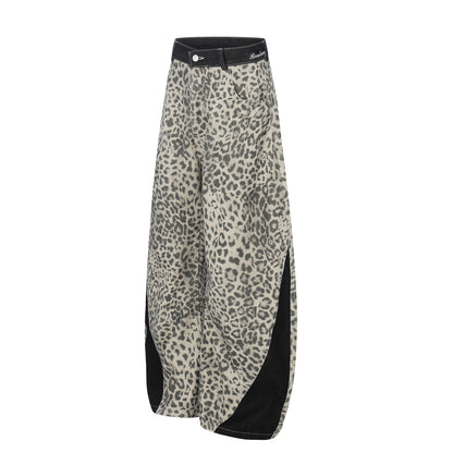Leopard Print Curved Wide Leg Denim Jeans WN25679