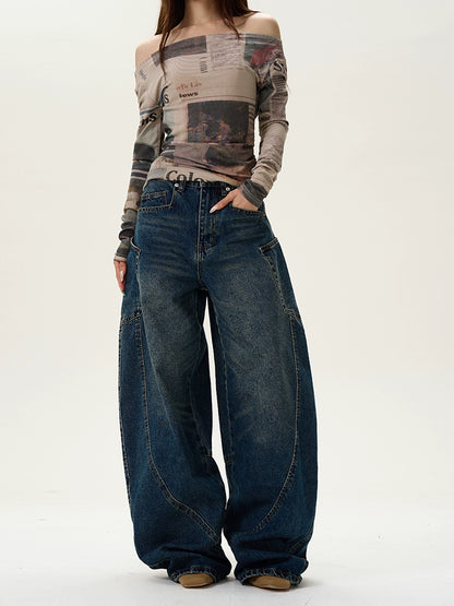 Wide-Leg Curved Denim Jeans WN9469