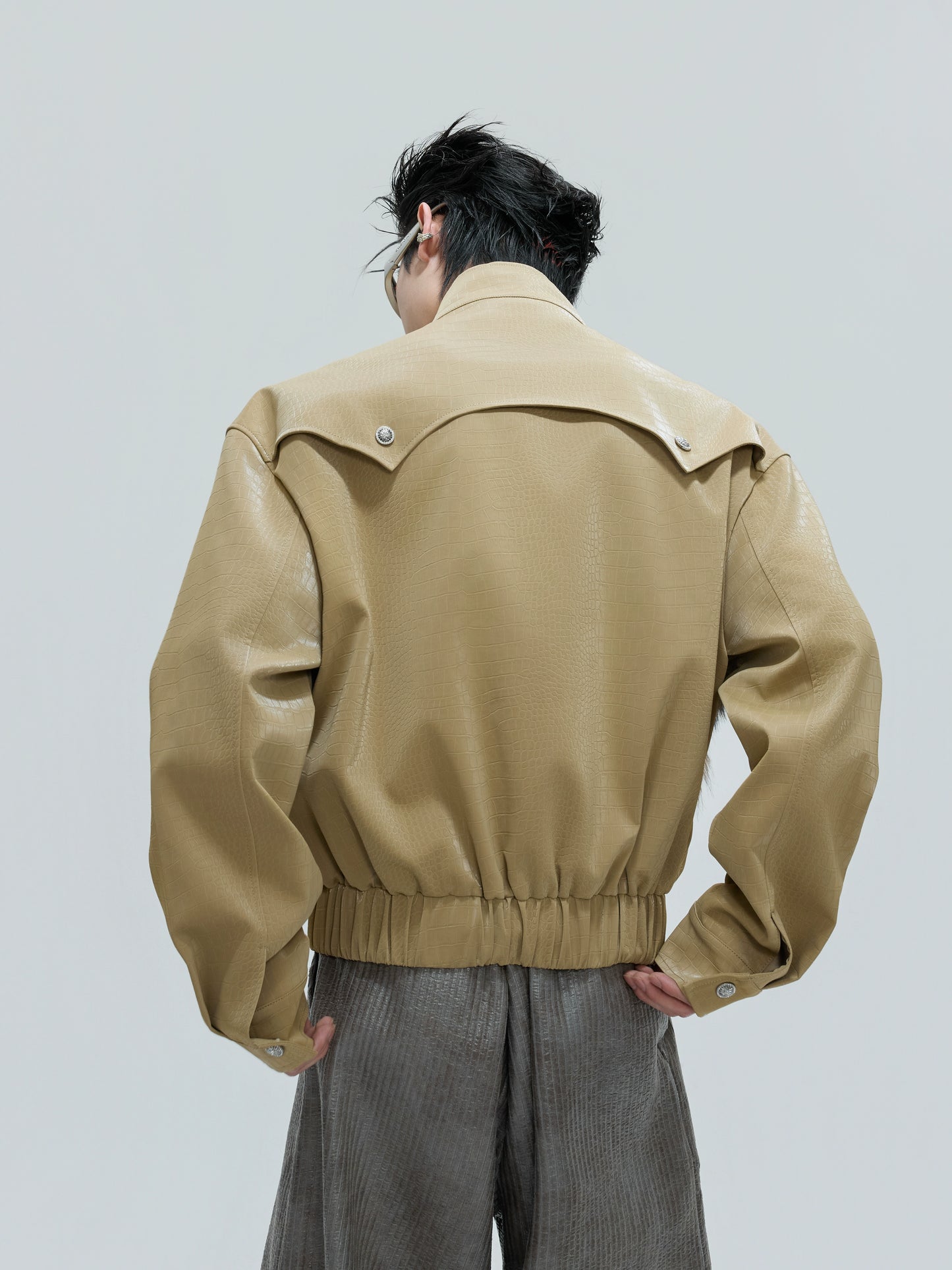 Deconstructed Fake Layered Crocodile Texture Furry PU Leather Jacket WN21723