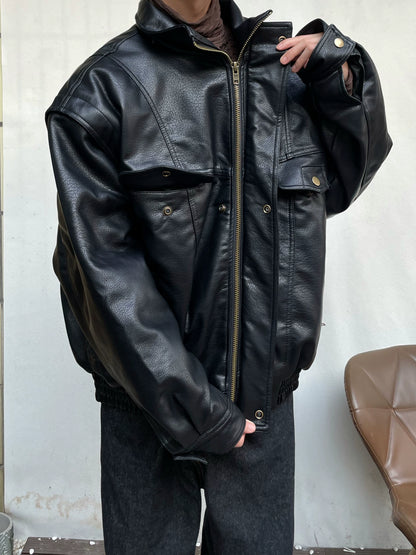 Stand Neck Oversize Thick PU Leather Short Jacket WN19991