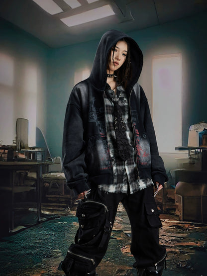 Washed Double-Side Print Zipper Hoodie WN20594