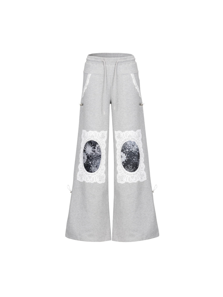 Lace Trim Sequin Print Wide Leg Flare Sweatopants WN19017