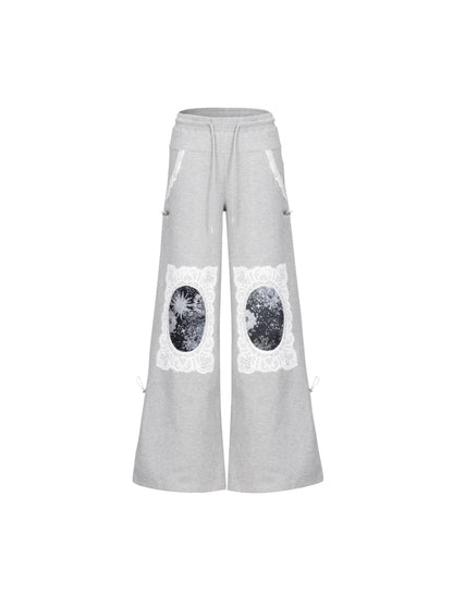 Lace Trim Sequin Print Wide Leg Flare Sweatopants WN19017