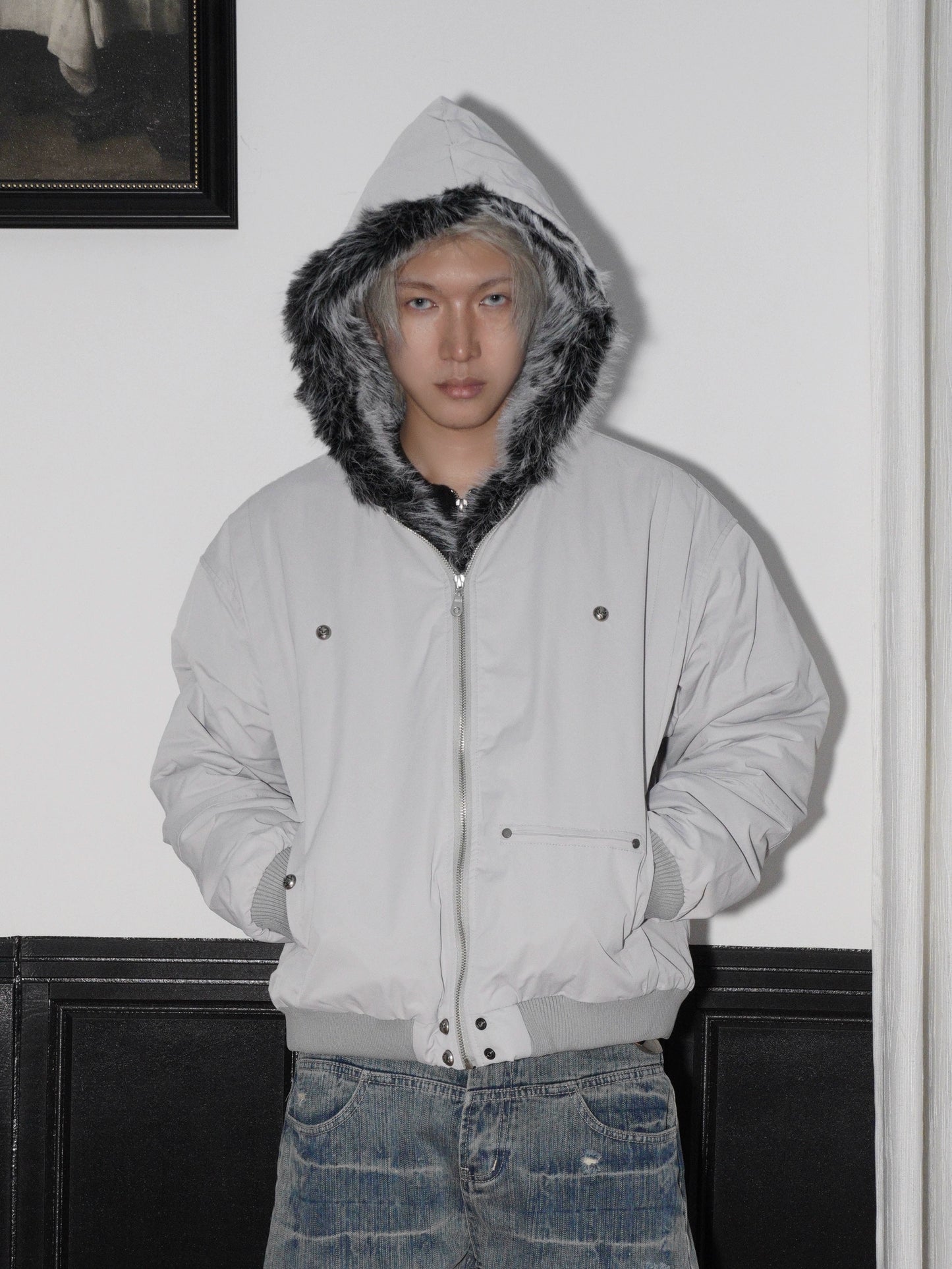 Hooded Fake Fur Plush Canvas Padded Jacket WN22196