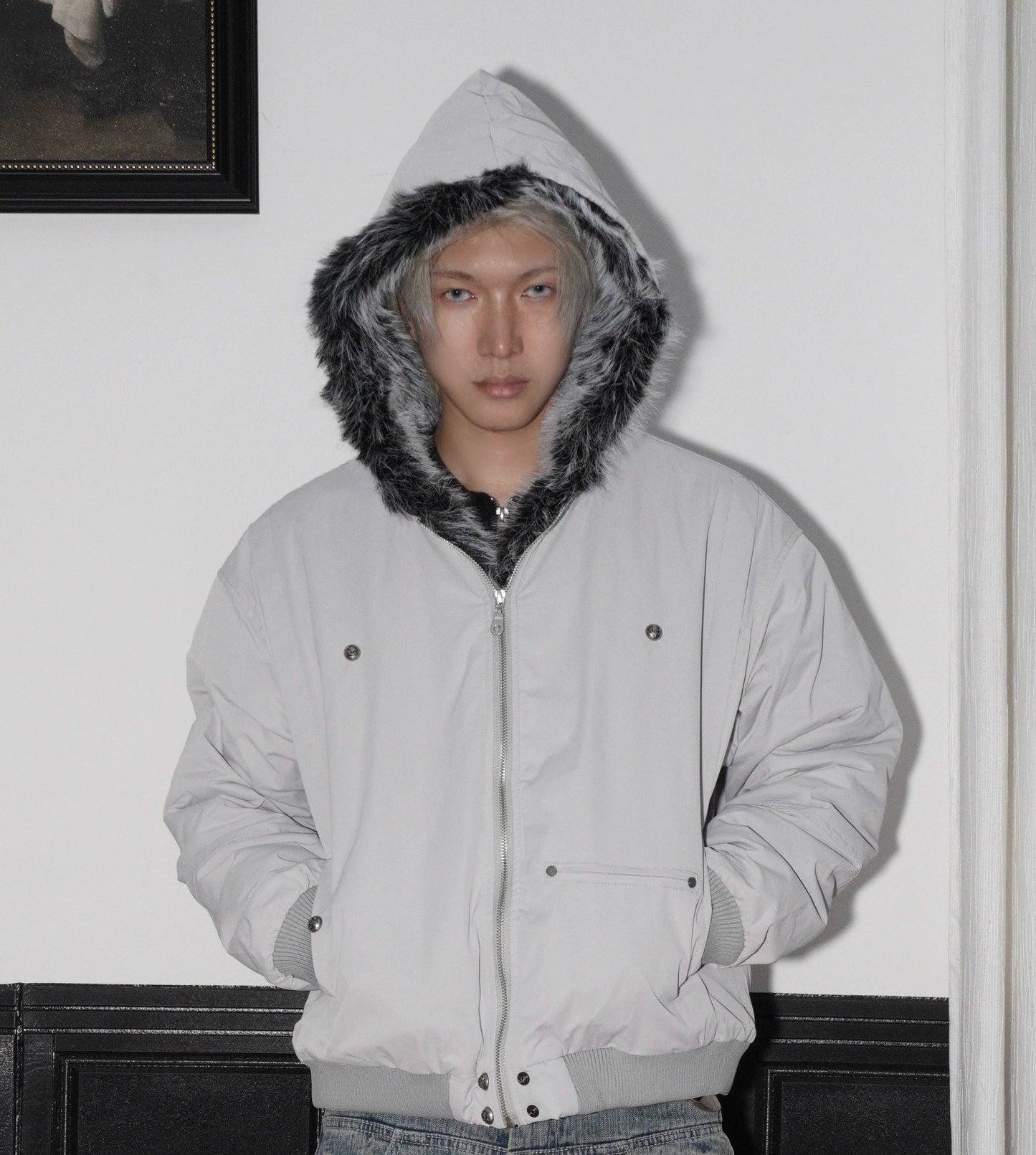 Hooded Fake Fur Plush Canvas Padded Jacket WN22196