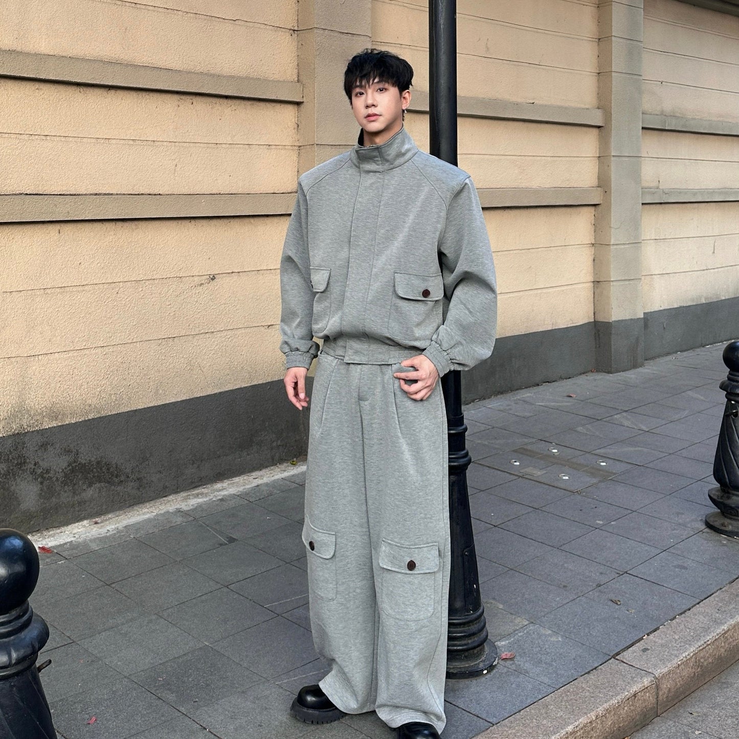 Air Layer Cotton Shoulder-pad PU Leather Patch Jacket & Air Layer Cotton Wide Leg Cargo Sweatpants Setup WN25244