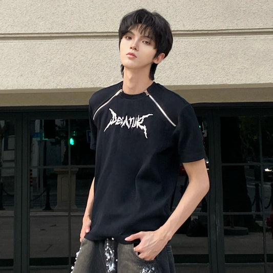 Graphic Embroidery Zipper Short Sleeve T-Shirt WN20747