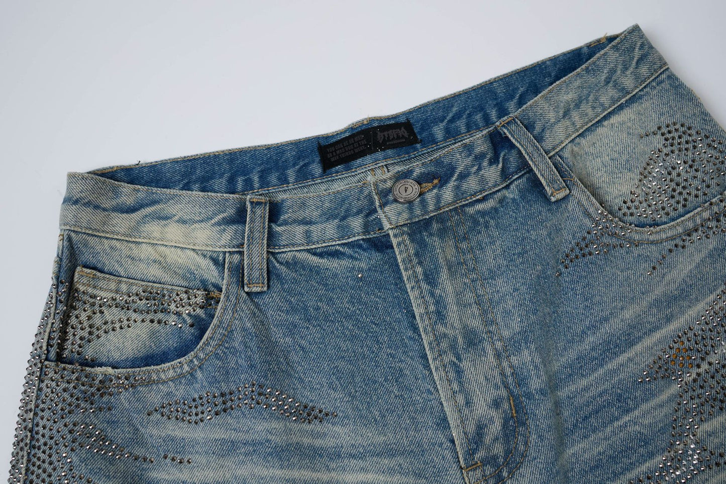 Rhinestone Camouflage Wash Denim Half Pants WN25558