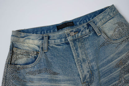Rhinestone Camouflage Wash Denim Half Pants WN25558