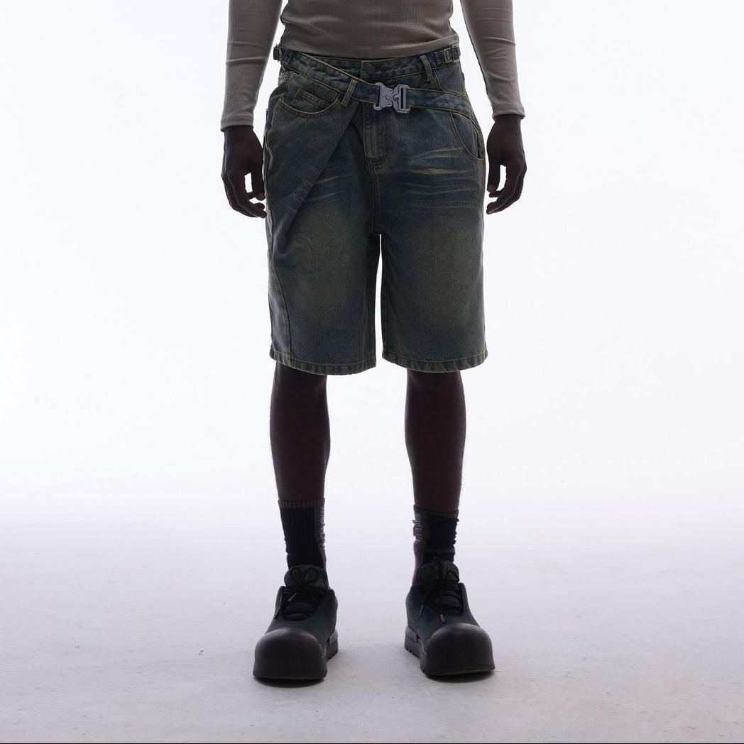 Washed Whisker Metal Buckle Denim Half Pants WN25513