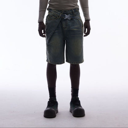 Washed Whisker Metal Buckle Denim Half Pants WN25513