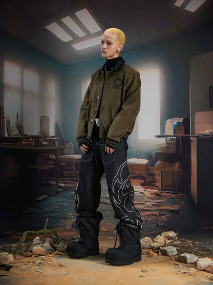 Embroidery Corduroy PU Leather-Collar Jacket WN21351