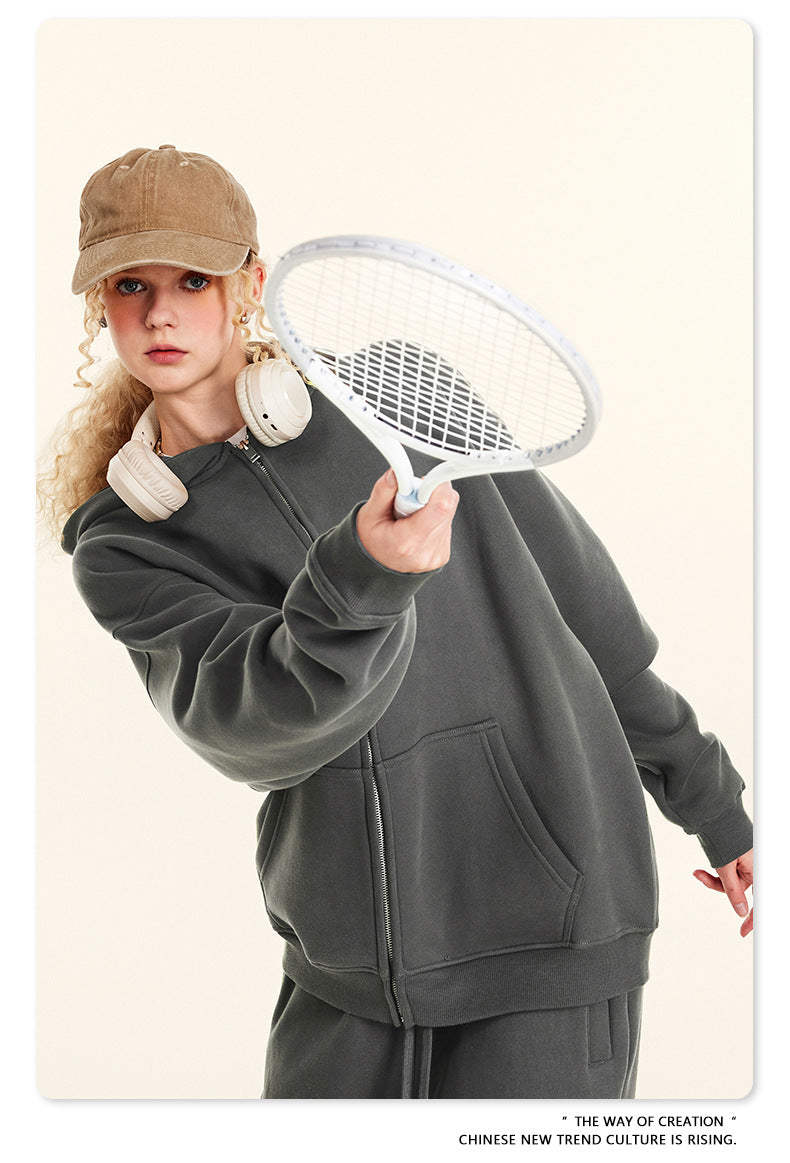 Fleece Lining Oversize Washed Zipper Hoodie WN9943