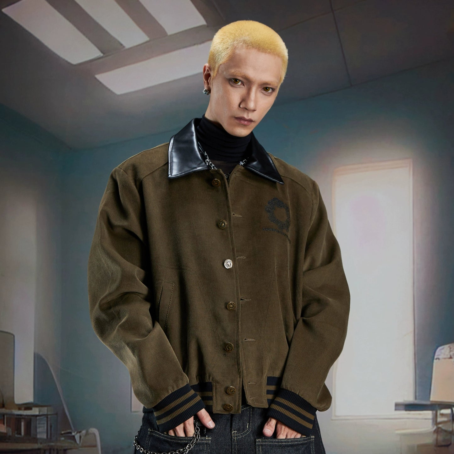 Embroidery Corduroy PU Leather-Collar Jacket WN21351