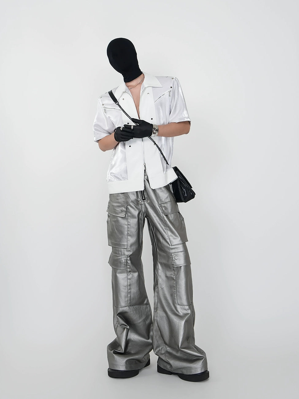 Short Zipper Jacket & Coated Wide Leg Denim Jeans Set WN17411