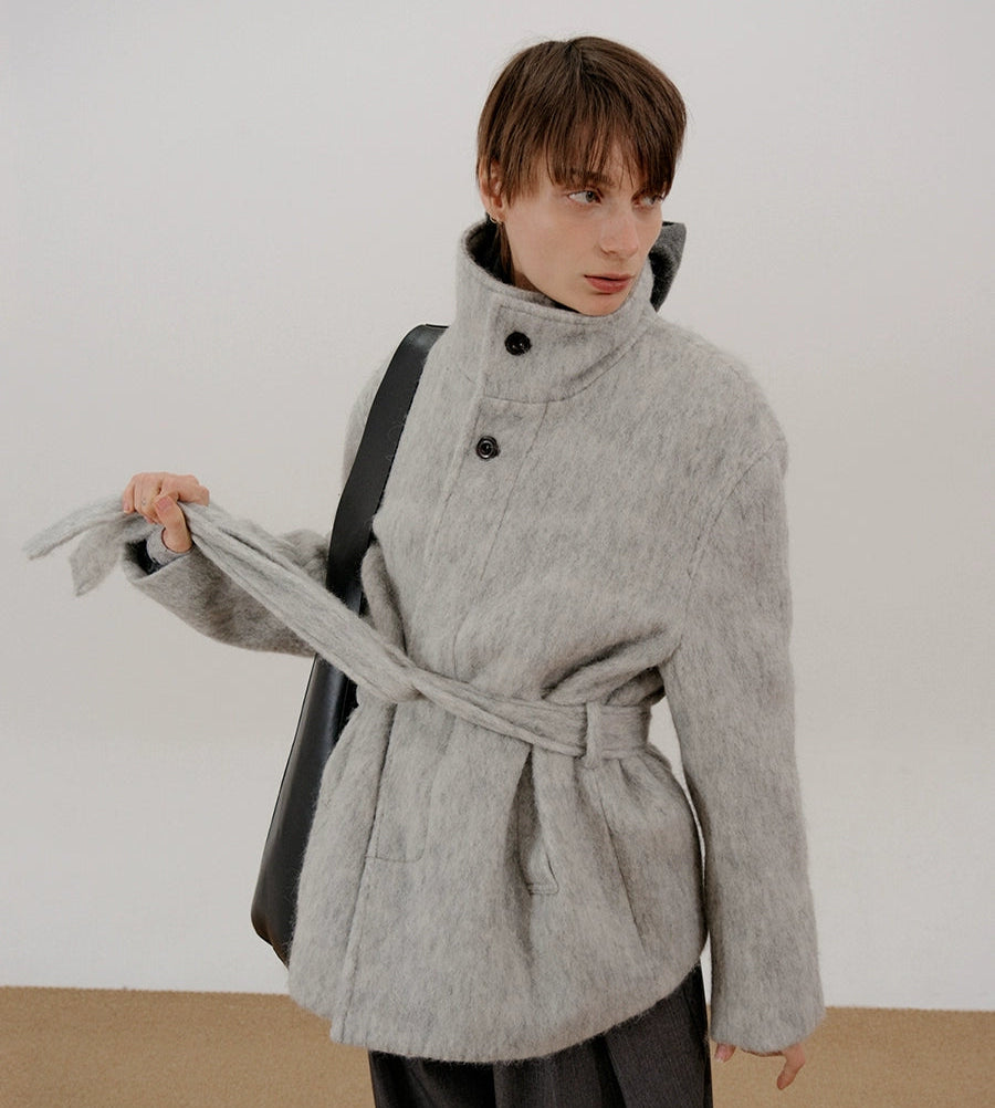 Belted High-Neck Wool Short Jacket WN21653