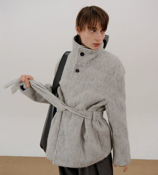 Belted High-Neck Wool Short Jacket WN21653