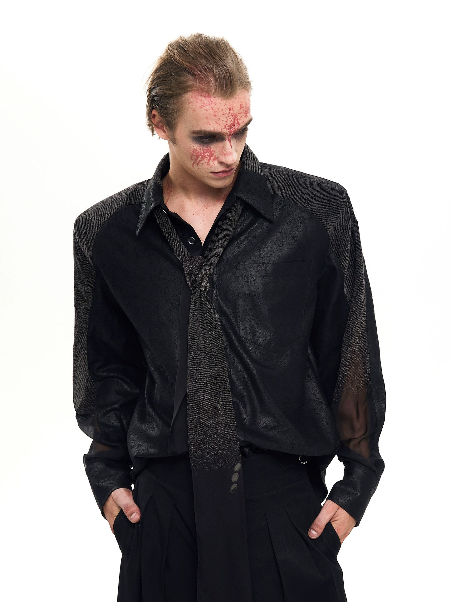 With Black Tie, Mesh Shoulder-Pad Long Sleeve Shirt WN20388