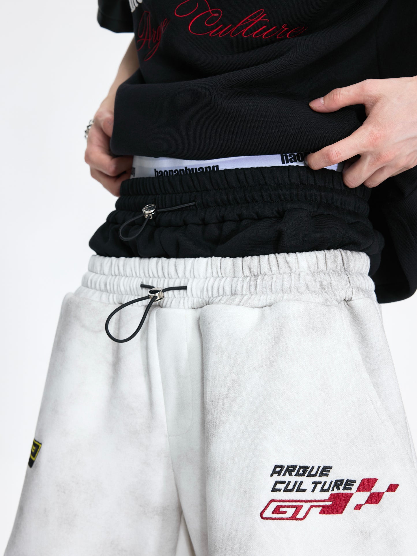 Racing Embroidery Fake Layered Double-Waist Wide Leg Sweatpants WN26985