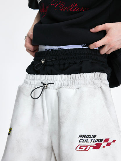 Racing Embroidery Fake Layered Double-Waist Wide Leg Sweatpants WN26985