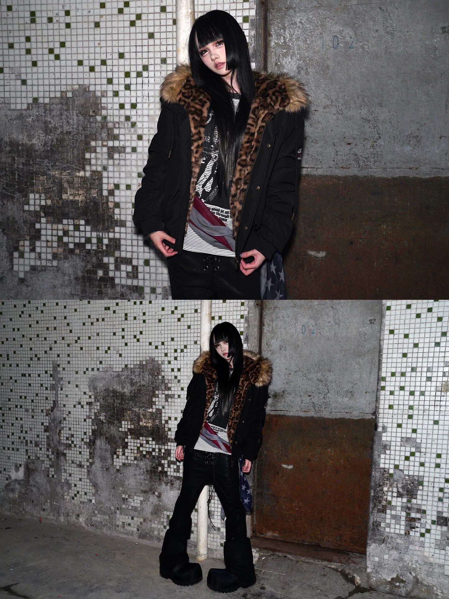 Leopard Hooded Fake Fur-Collar Patch Padded Jacket WN22197