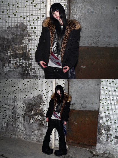 Leopard Hooded Fake Fur-Collar Patch Padded Jacket WN22197