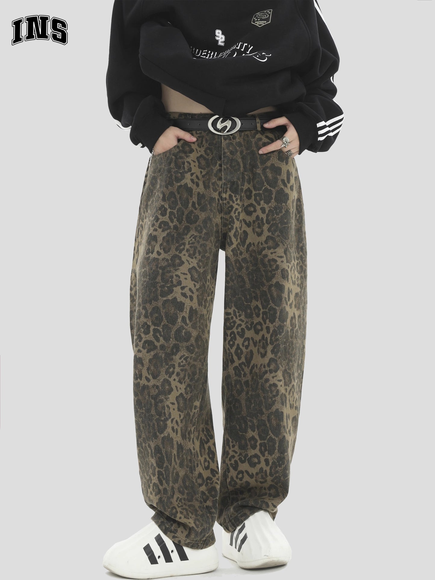 Washed Leopard Wide-Leg Straight Denim Jeans WN717