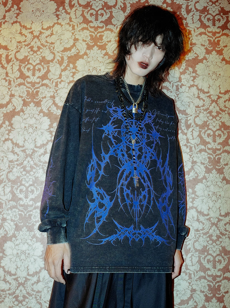 Totem Rock Design Oversize Washed Long Sleeve T-Shirt WN15899