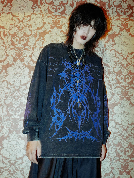 Totem Rock Design Oversize Washed Long Sleeve T-Shirt WN15899