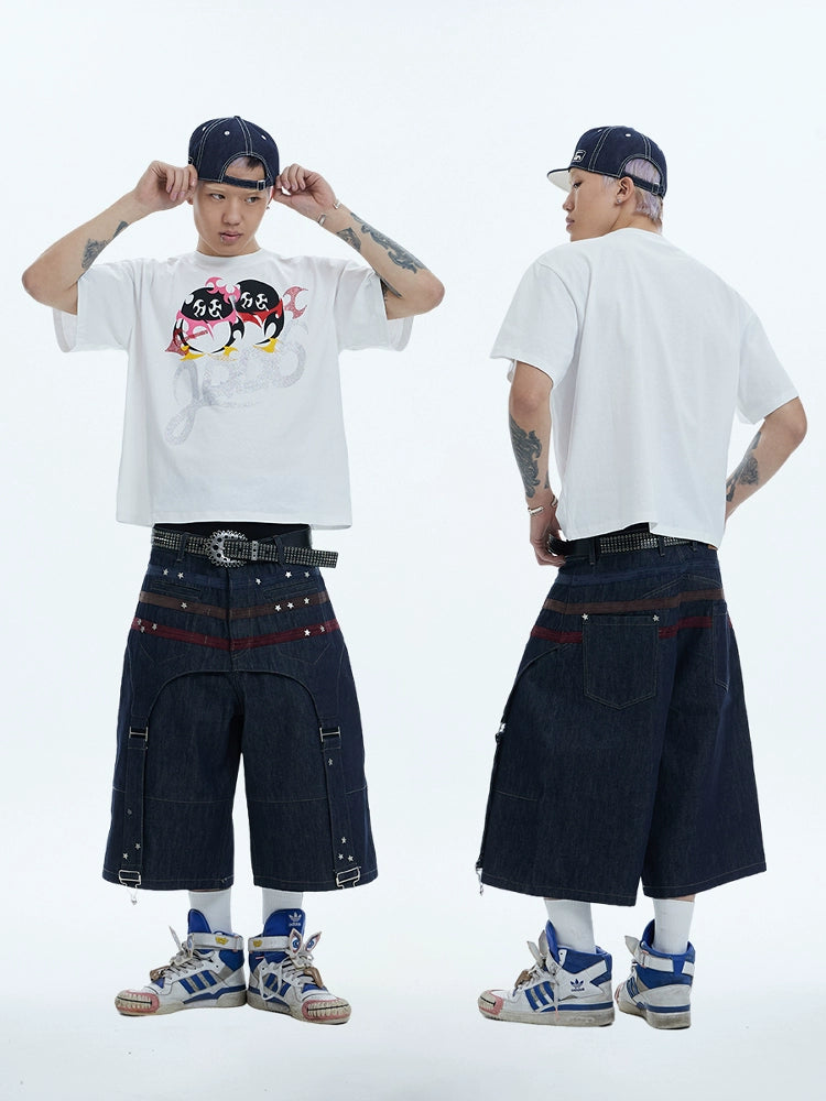 Star Rivet Suede Patchwork Raw Half Pants WN17141