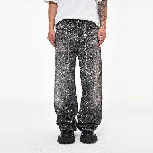 Rhinestone Print Wash Damage Straight Denim Jeans WN24352