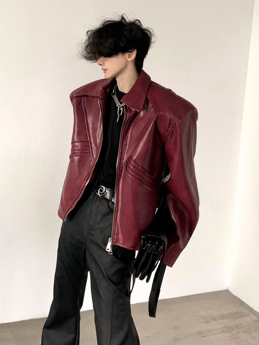 Shoulder Pad Wine Red PU Leather Jacket WN9180