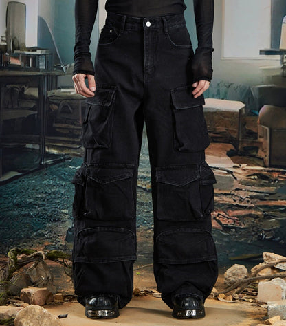 Washed Damage Multi-Pocket Cargo Denim Jeans WN20572