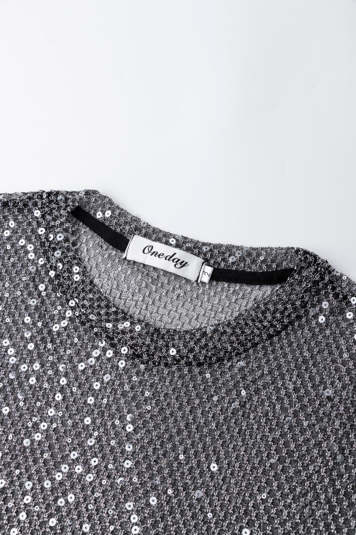 Sequin Mesh Sheer Oversize Long Sleeve T-Shirt WN27946